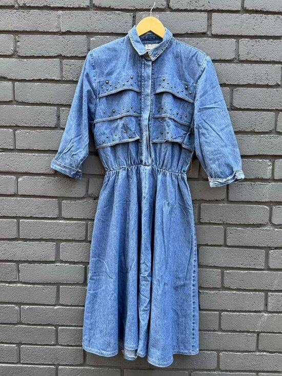 Nina Piccalino Dresses & Skirts - VTG 80s USA Made Nina Piccalino Denim Dress A line Studded Padded Shoulder Rodeo